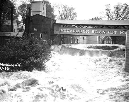 Historic photograph of a rushing river at the Monadnock Blanket Mill in Marlborough NH. (photo © Historical Society of Cheshire County)