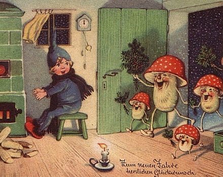 A vintage holiday card featuring soma mushrooms. (image © Medium / Mustapha Itani)