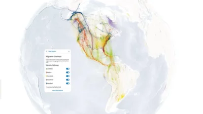 A map of North and South America, illustrating the flight patterns of migratory birds.