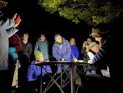 A saw-whet, held in hand, with a wing outstretched. (photo © Leah Stahmann)