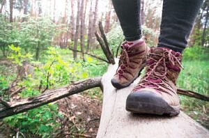 A closeup of two hiking boots walking across a downed tree. (photo © Canva Commons)