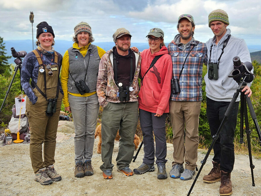 A rare gathering of Harris Center raptor counters at the 2024 raptor release on Pack Monadnock (photo © Mark Timmerman)