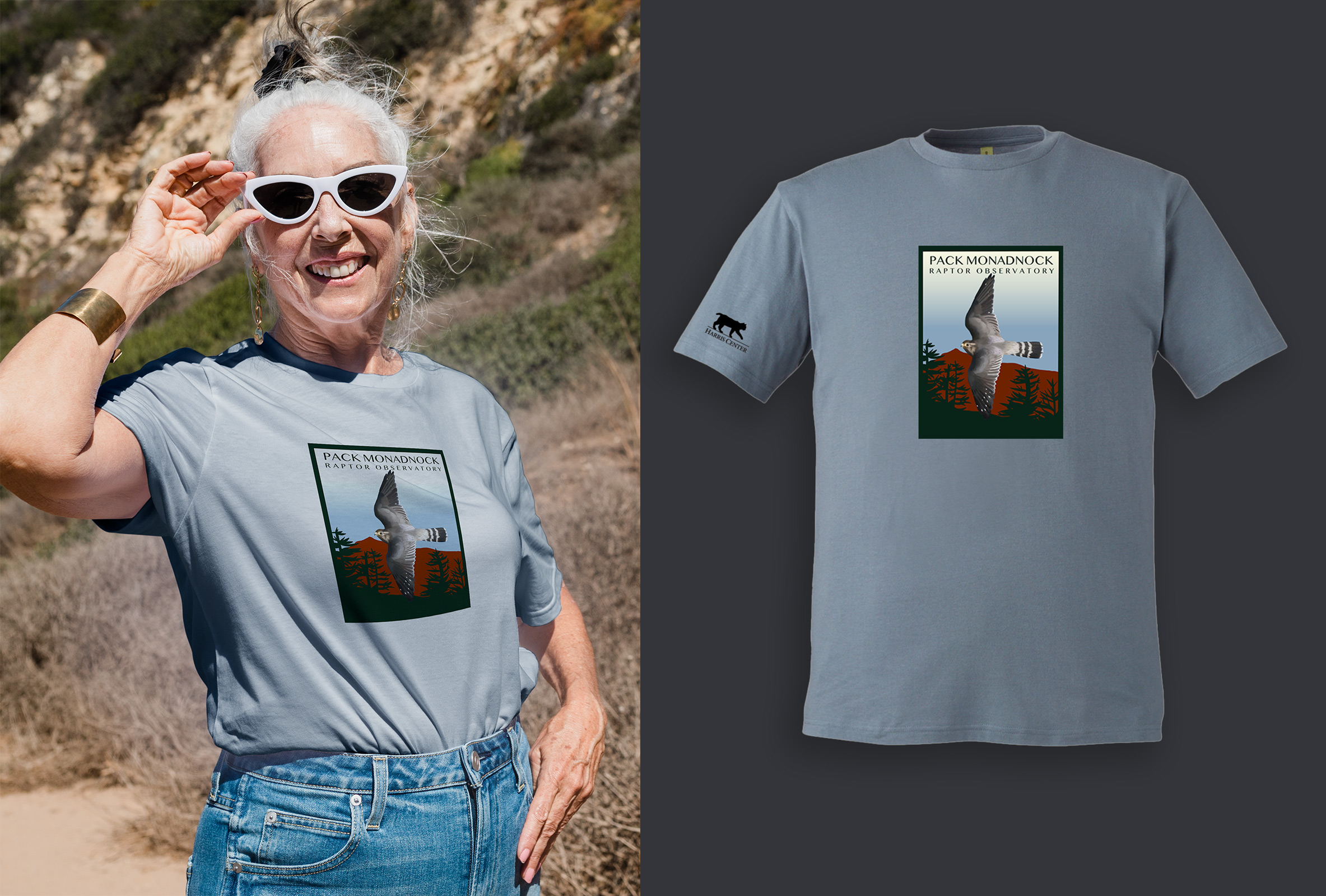 A woman modeling a gray t-shirt with the Pack Monadnock Raptor Observatory logo (art by Caroline Fegley)