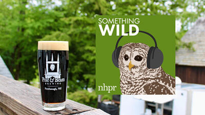 A glass of beer from Post & Beam and the Something Wild logo from NHPR