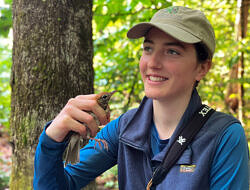 Kate McKay holding a woodthrush (photo © Phil Brown)