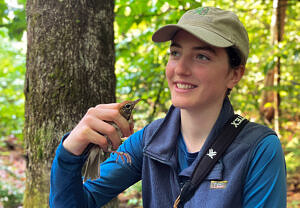 Kate McKay holding a woodthrush (photo © Phil Brown)