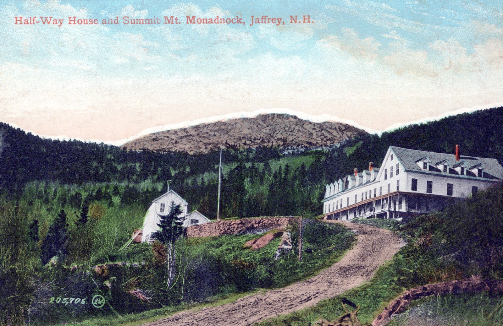 A vintage postcard of the Halfway House & summit of Mount Monadnock