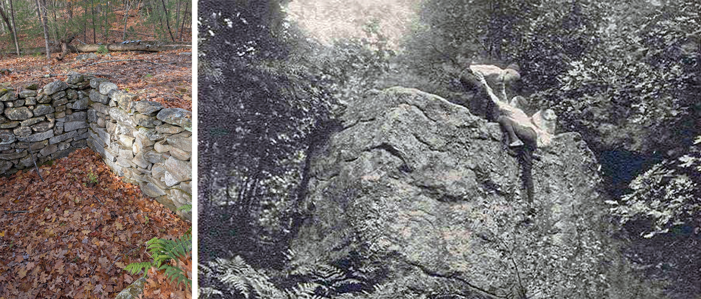 The foundation of the McDonald house at Mason Quarry and Wolf Rock (photos © Miki Clements & Wikimedia)