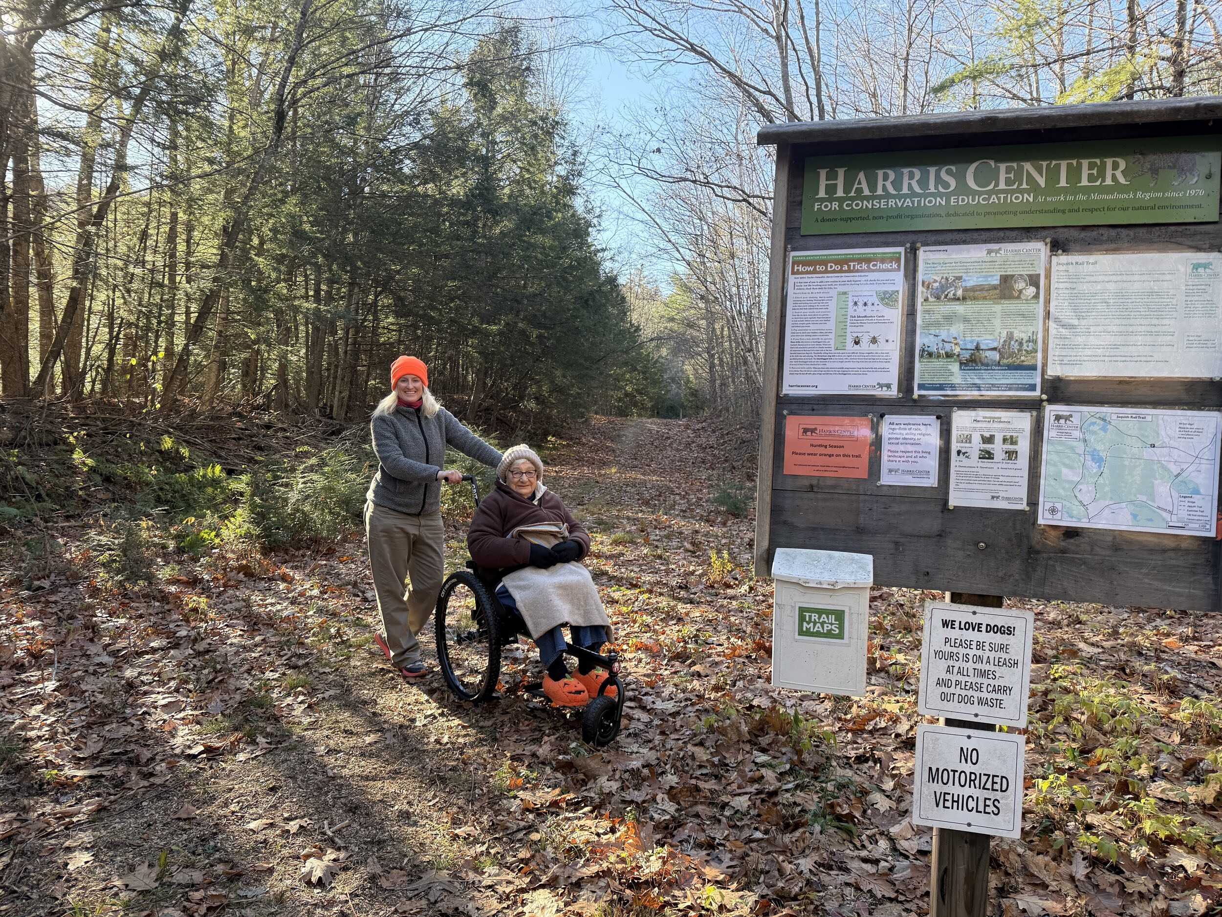Stephanie Seavy and her 100-year-old friend Eleanor McQueen exploring the Jacquith Rail Trail together (photo © Mary Verrilli)