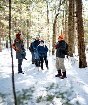 A group of hikers snowshoes through the Harris Center's Hiroshi Land. (photo © Ben Conant)