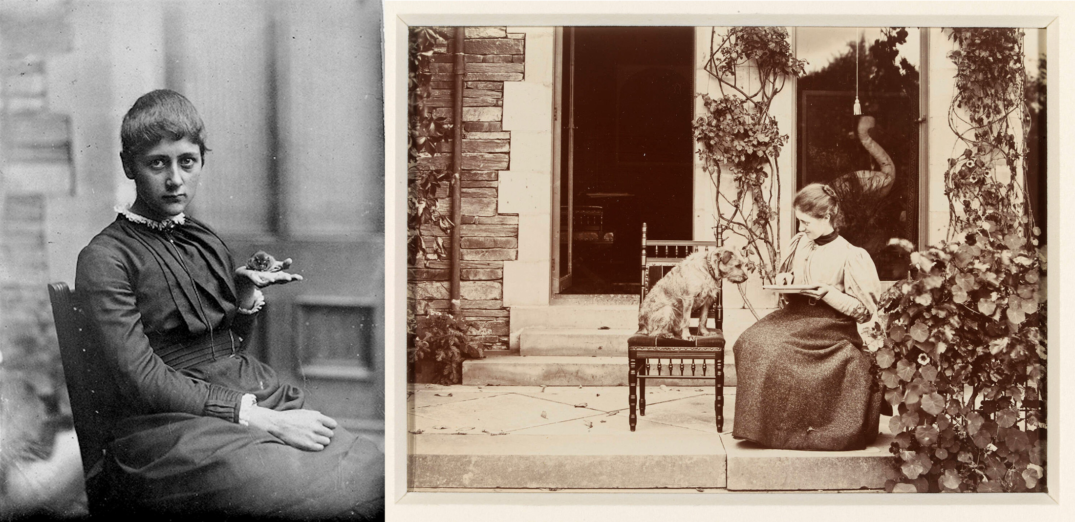 Left: A teenage Beatrix Potter with her pet mouse Xarifa in 1885 (photo © Princeton University). Right: Beatrix Potter with a border terrier in 1897 (photo © Victoria and Albert Museum, London)