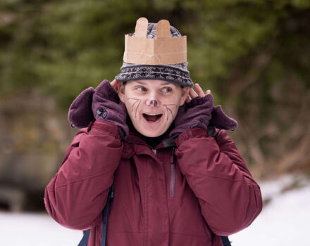 Jaime Hutchinson pretending to be a chipmunk during a teacher workshop (photo © Ben Conant)