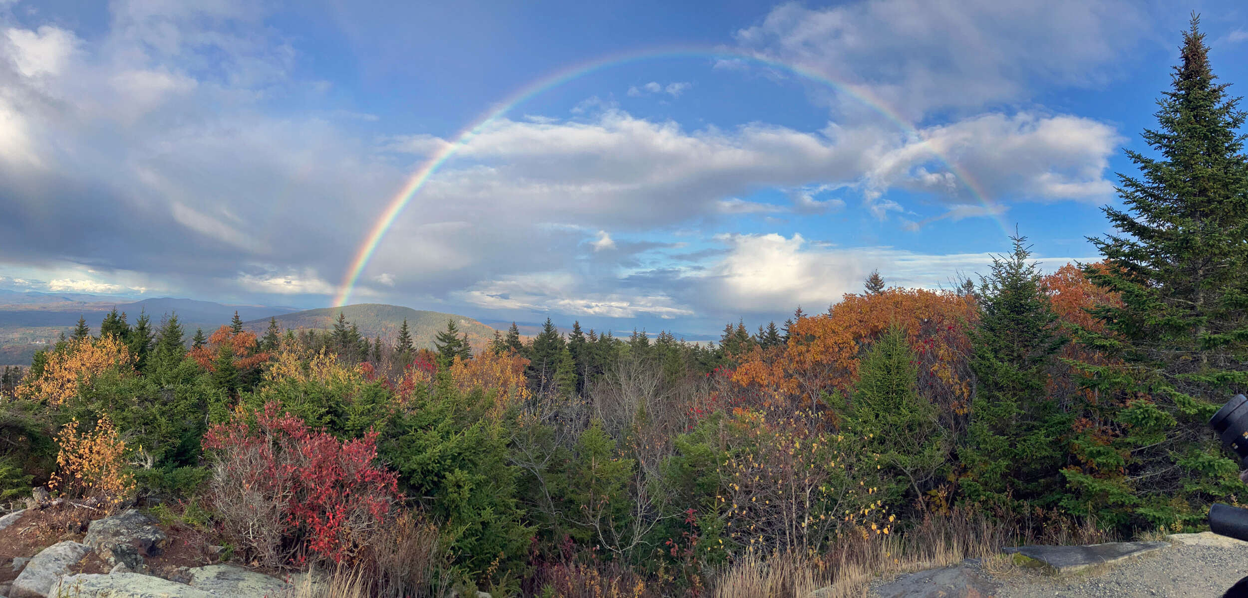 Hawkwatching can be rewarding in any weather. You might see a group of restless hawks appearing over the hills under a rainbow after an afternoon drizzle passes through. (photo © Kate McKay)